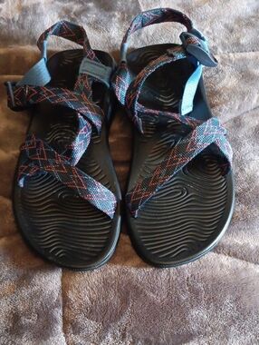 Chaco Women's Black Footbed Sandals with Blue and Red Patterned Straps